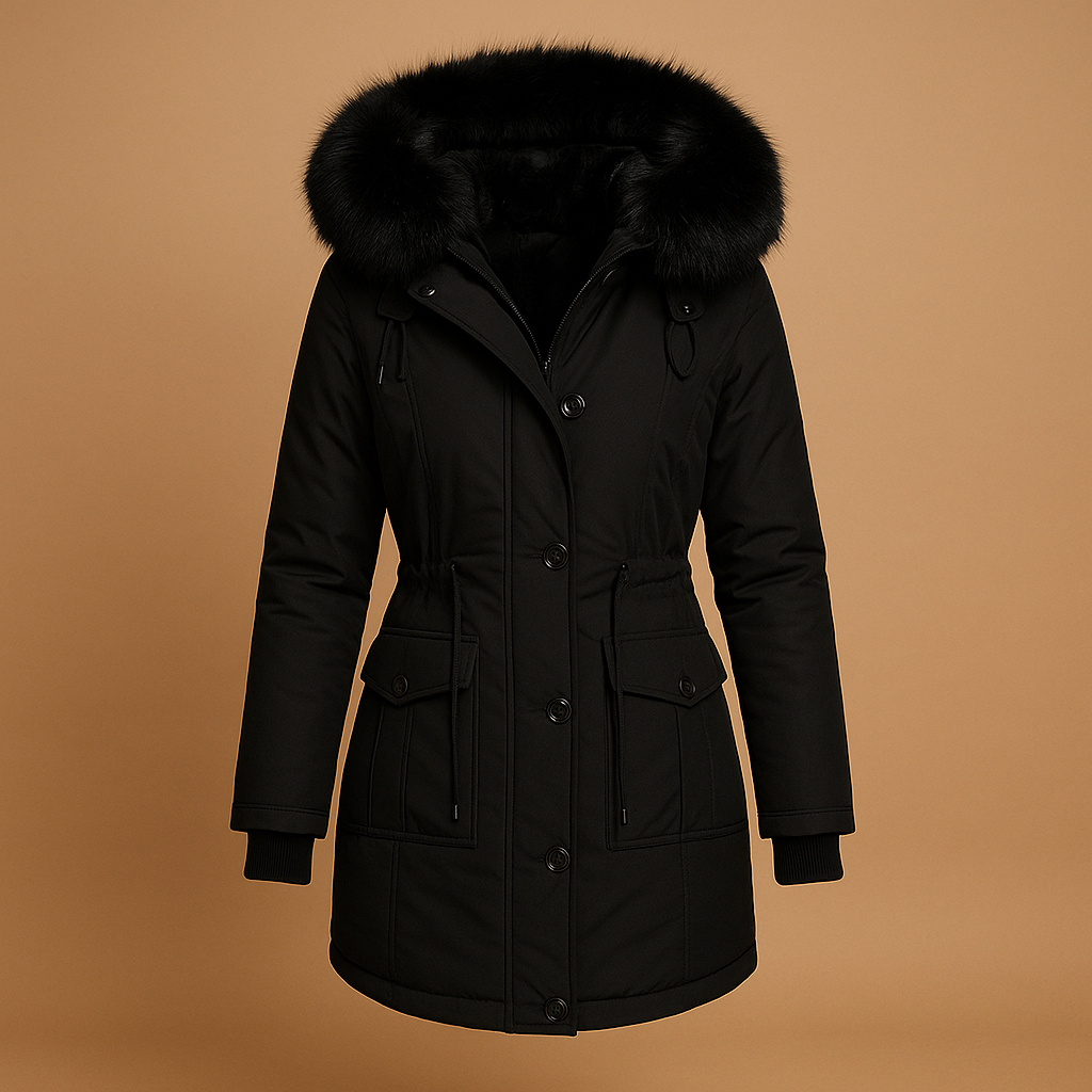 Women’s long winter coat with hood, faux fur collar, water-repellent finish, and extended fit, suitable for cold winter days and city wear.