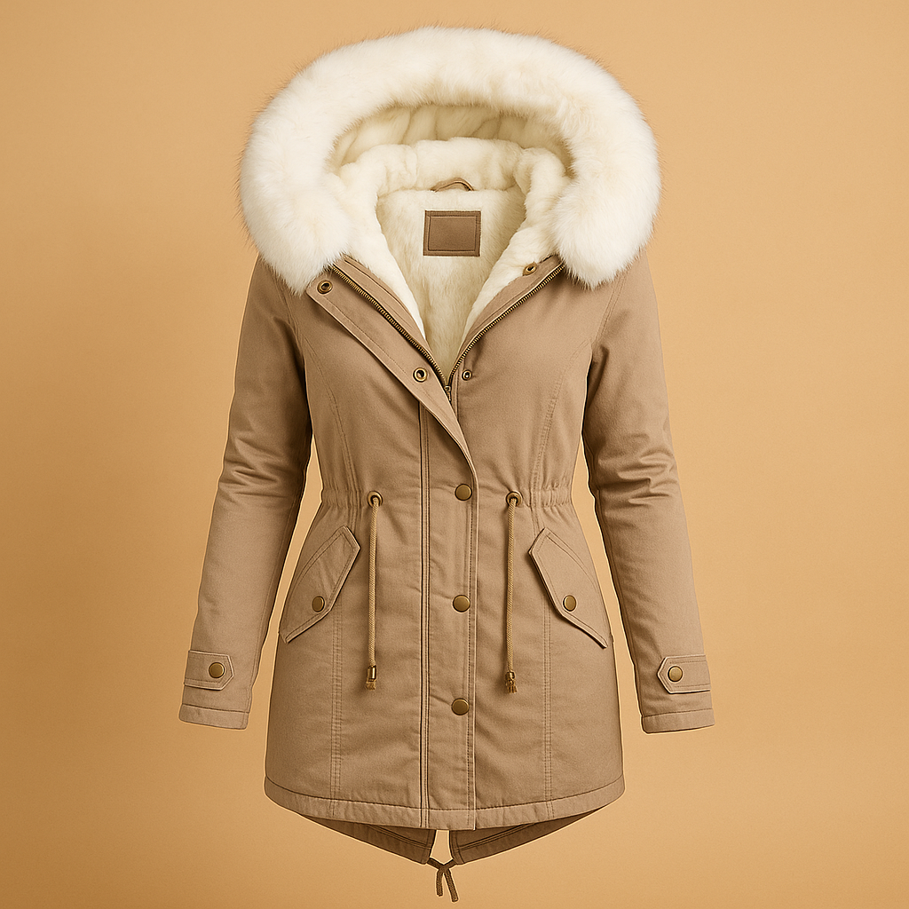 Women’s long winter coat with hood, warm lining, faux fur trim, and water-repellent finish, suitable for daily wear and winter travel.