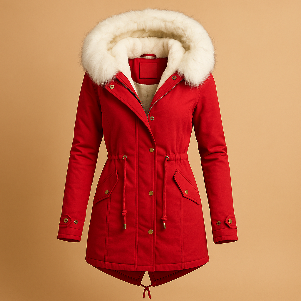 Women’s long winter coat with hood, warm lining, faux fur trim, and water-repellent finish, suitable for daily wear and winter travel.