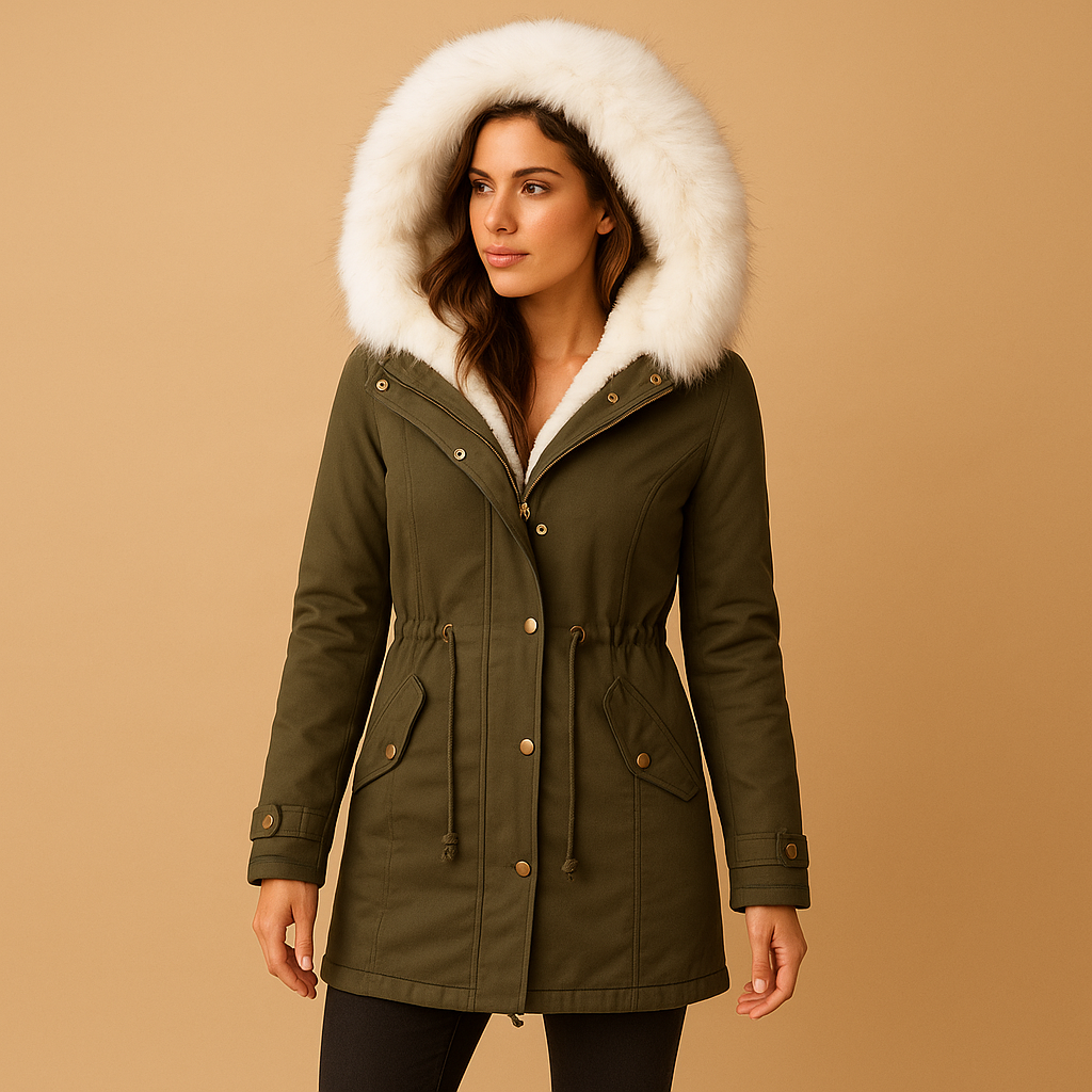 Women’s long winter coat with hood, warm lining, faux fur trim, and water-repellent finish, suitable for daily wear and winter travel.