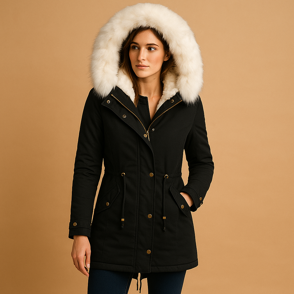 Women’s long winter coat with hood, warm lining, faux fur trim, and water-repellent finish, suitable for daily wear and winter travel.