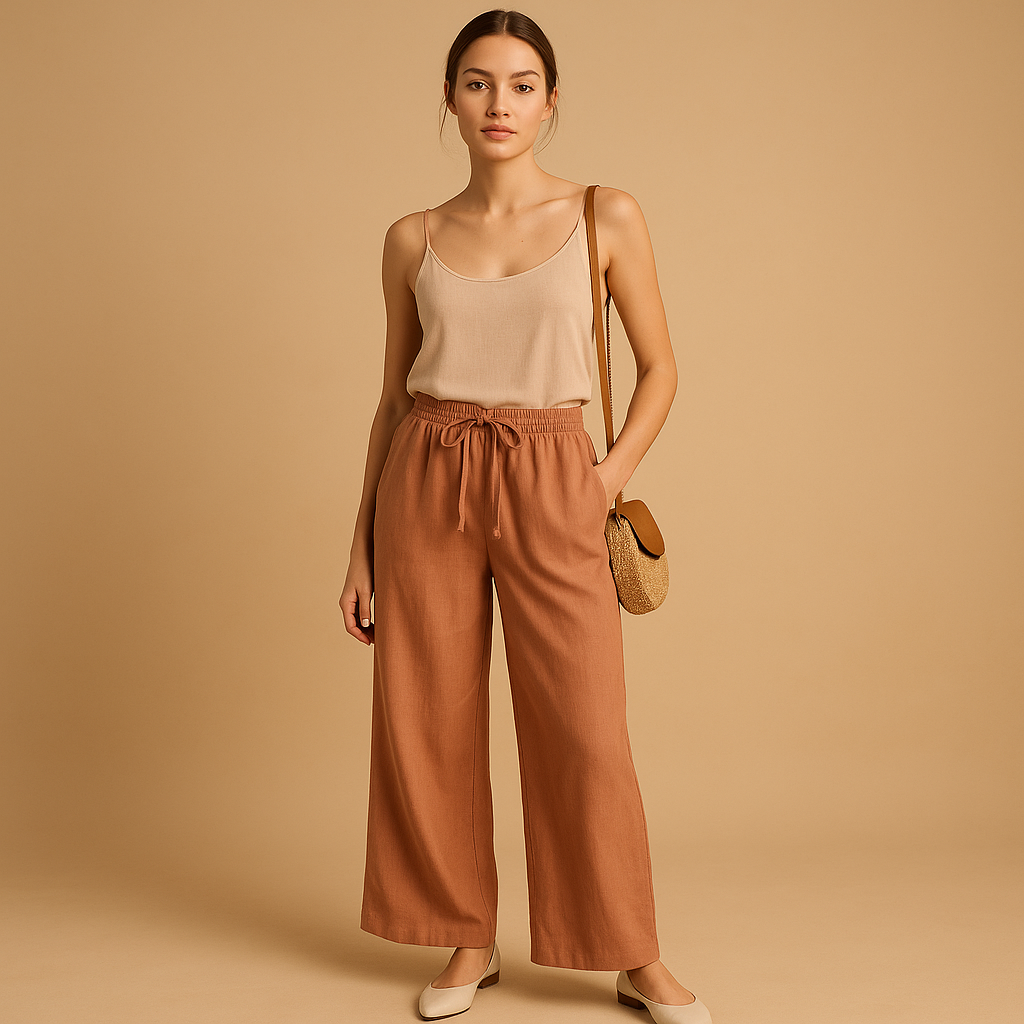 Women’s loose fit summer pants with elastic waist and lightweight fabric, available in orange-red, dark brown, green, beige, and black.