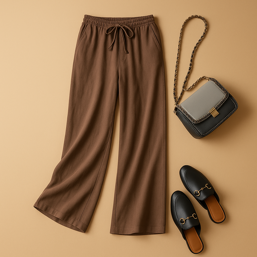 Women’s loose fit summer pants with elastic waist and lightweight fabric, available in orange-red, dark brown, green, beige, and black.