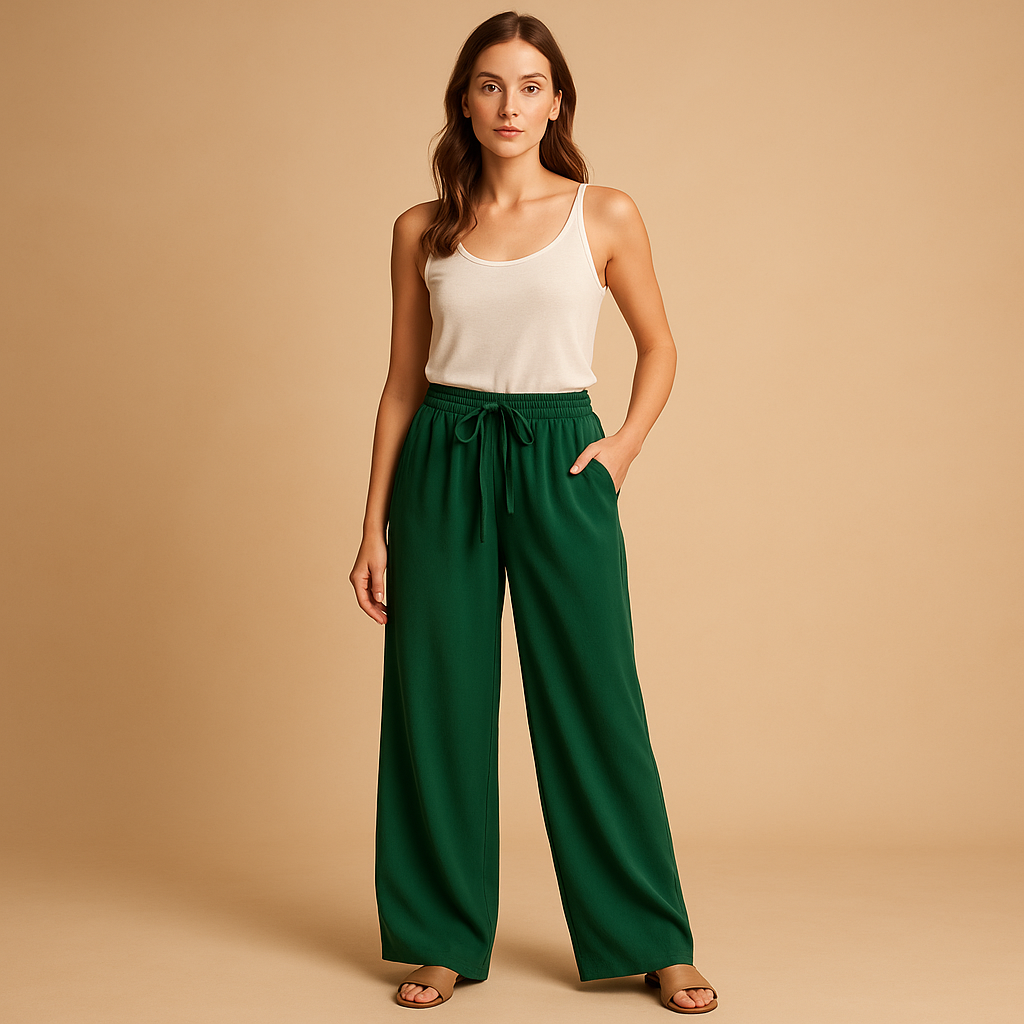 Women’s loose fit summer pants with elastic waist and lightweight fabric, available in orange-red, dark brown, green, beige, and black.