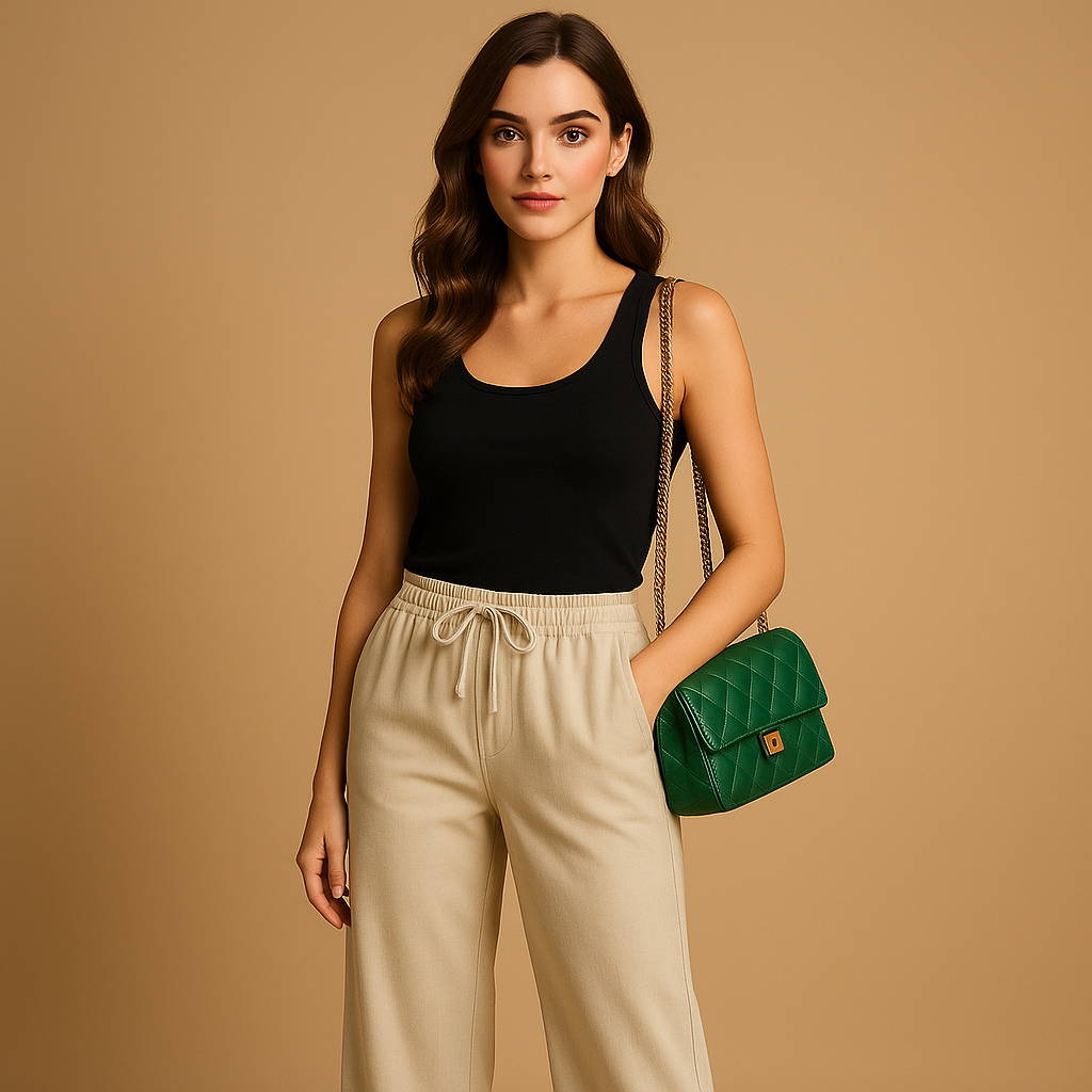 Women’s loose fit summer pants with elastic waist and lightweight fabric, available in orange-red, dark brown, green, beige, and black.
