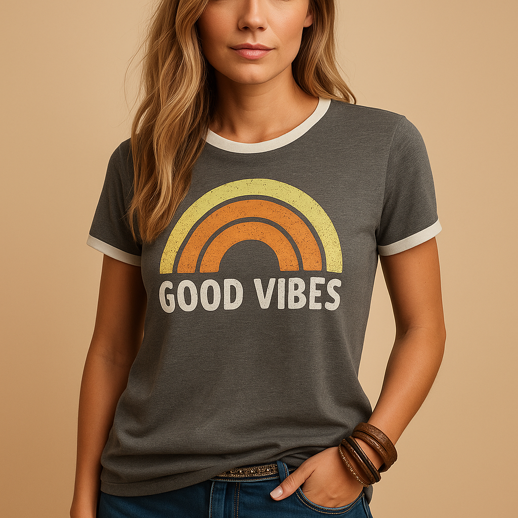Women’s loose summer t-shirt with a good vibes print, suitable for casual wear, beach days, and relaxed everyday outfits.