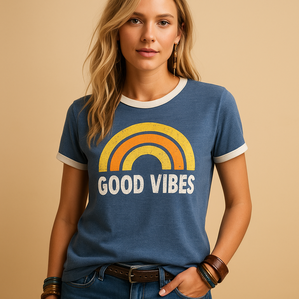 Women’s loose summer t-shirt with a good vibes print, suitable for casual wear, beach days, and relaxed everyday outfits.