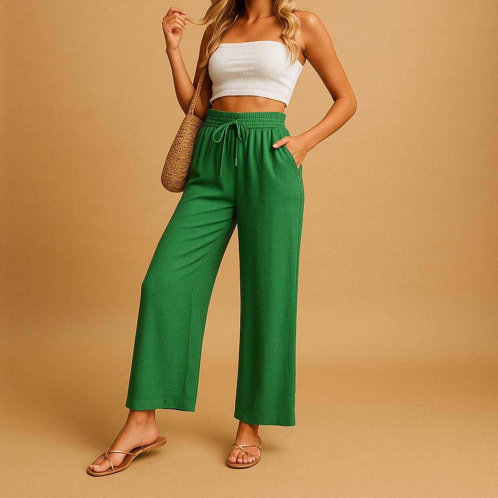 Women’s high waist lounge pants Hannah in lightweight fabric with straight-leg cut and side pockets. Perfect for loungewear and casual outings.