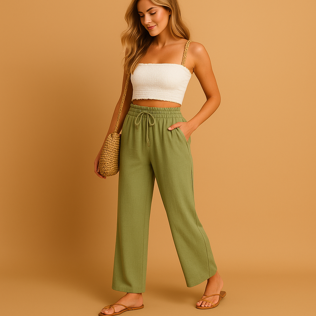 Women’s high waist lounge pants Hannah in lightweight fabric with straight-leg cut and side pockets. Perfect for loungewear and casual outings.