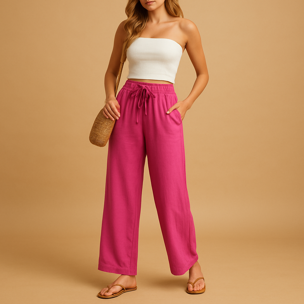 Women’s high waist lounge pants Hannah in lightweight fabric with straight-leg cut and side pockets. Perfect for loungewear and casual outings.