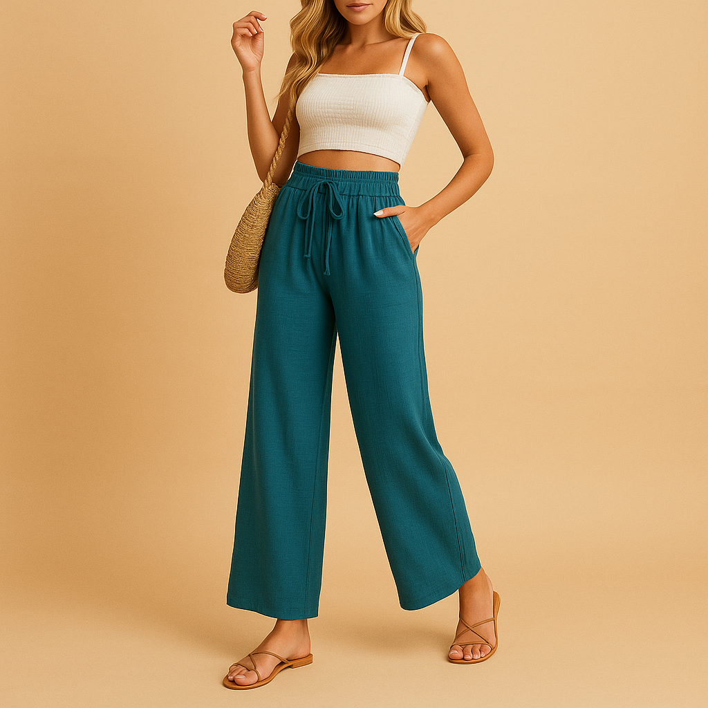 Women’s high waist lounge pants Hannah in lightweight fabric with straight-leg cut and side pockets. Perfect for loungewear and casual outings.