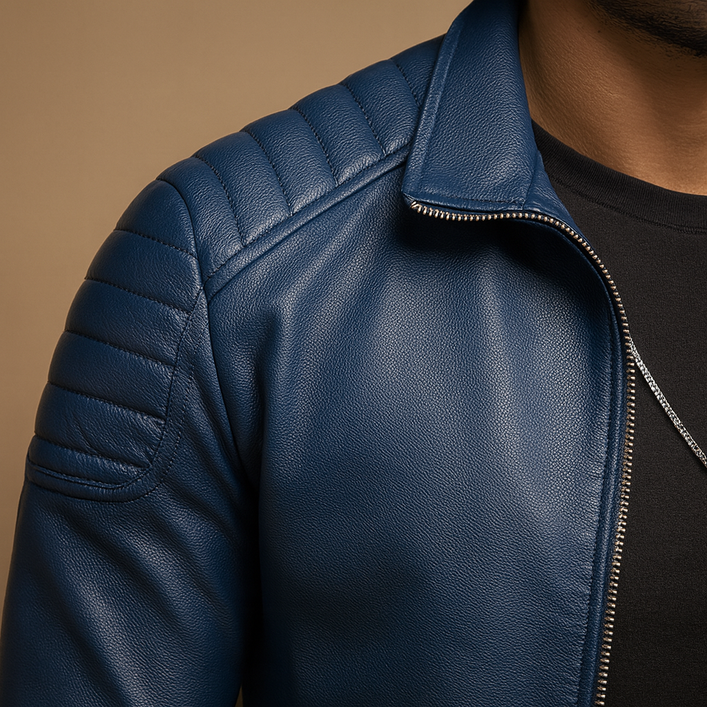 Men’s luxury biker jacket with a classic silhouette and refined finish, suitable for business outfits and casual jeans looks.