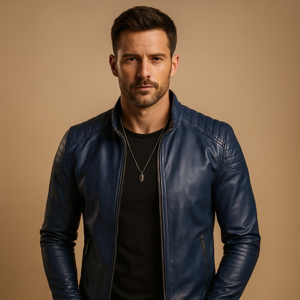 Men’s luxury biker jacket with a classic silhouette and refined finish, suitable for business outfits and casual jeans looks.