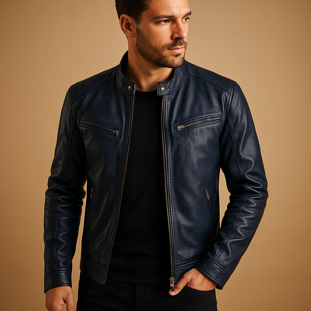 Men’s mid-season jacket with smooth synthetic finish, ideal for casual or formal wear in transitional seasons.