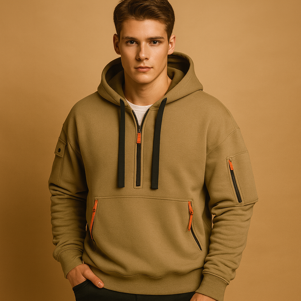 Modern hoodie for men with hood and comfortable fit, available in khaki, black, gray, and navy blue—ideal for casual and sporty wear.