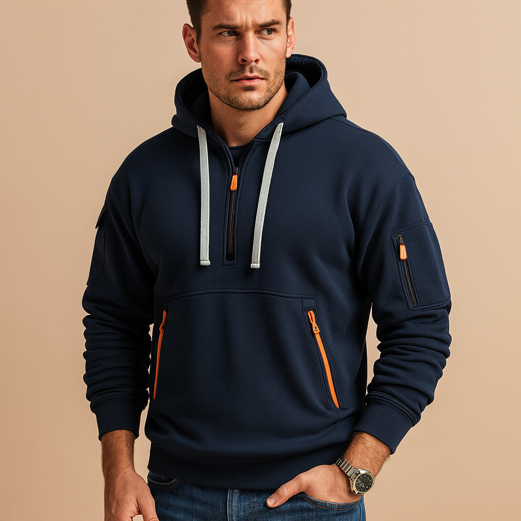 Modern hoodie for men with hood and comfortable fit, available in khaki, black, gray, and navy blue—ideal for casual and sporty wear.