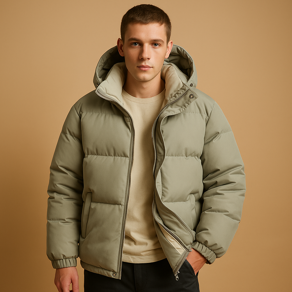 Men’s modern puffer jacket with quilted insulation, lightweight design, and hood, suitable for winter days and everyday wear.