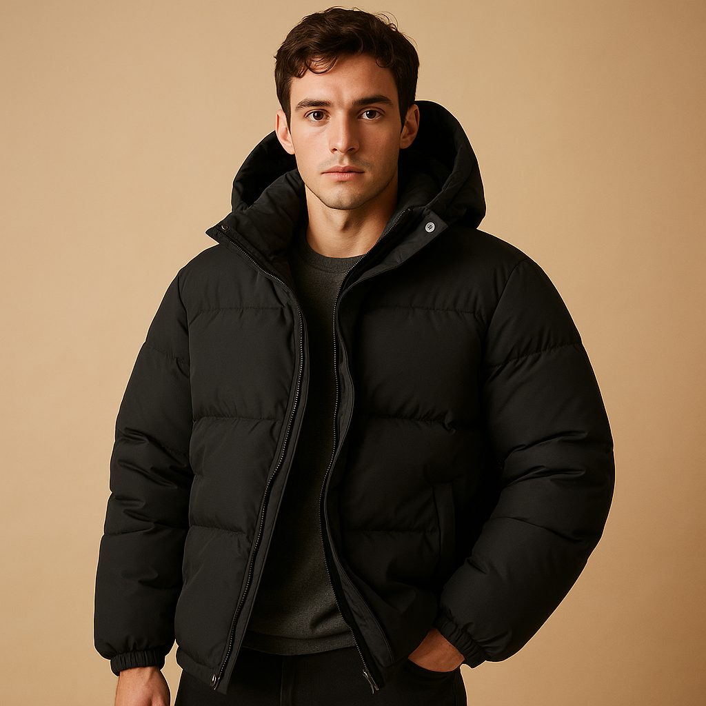 Men’s modern puffer jacket with quilted insulation, lightweight design, and hood, suitable for winter days and everyday wear.