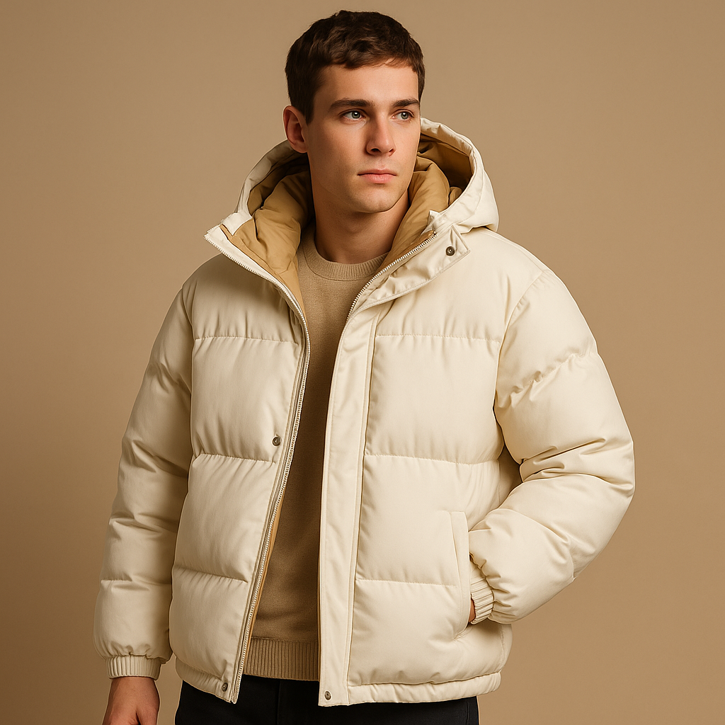 Men’s modern puffer jacket with hood and padded insulation, offering warmth, comfort, and a sporty style for winter and outdoor wear.