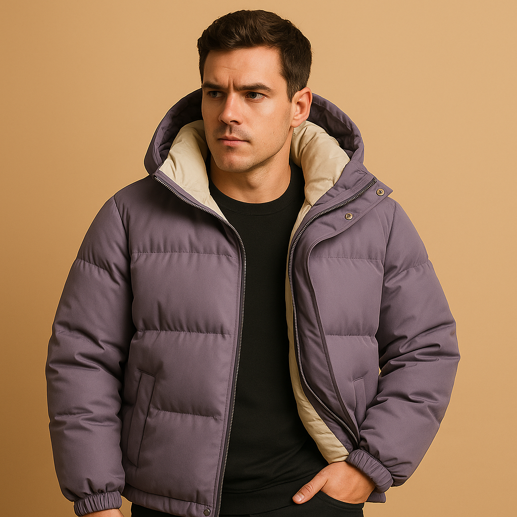 Men’s modern puffer jacket with hood and padded insulation, offering warmth, comfort, and a sporty style for winter and outdoor wear.