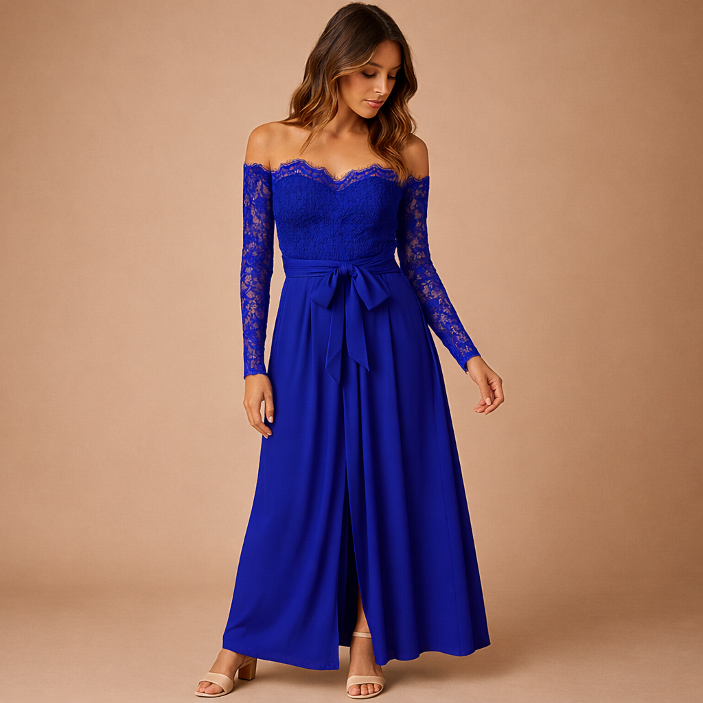 Women’s off-shoulder lace jumpsuit in navy blue with wide-leg slits, perfect for galas, evening events, and formal occasions.