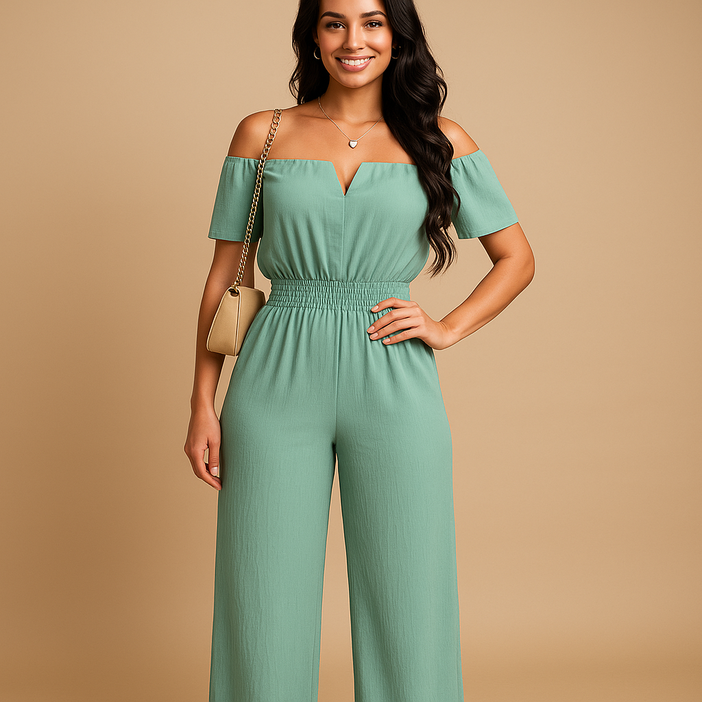 Women’s off-shoulder jumpsuit with pleated details and elastic waist, perfect for summer parties, beach walks, and casual chic occasions.