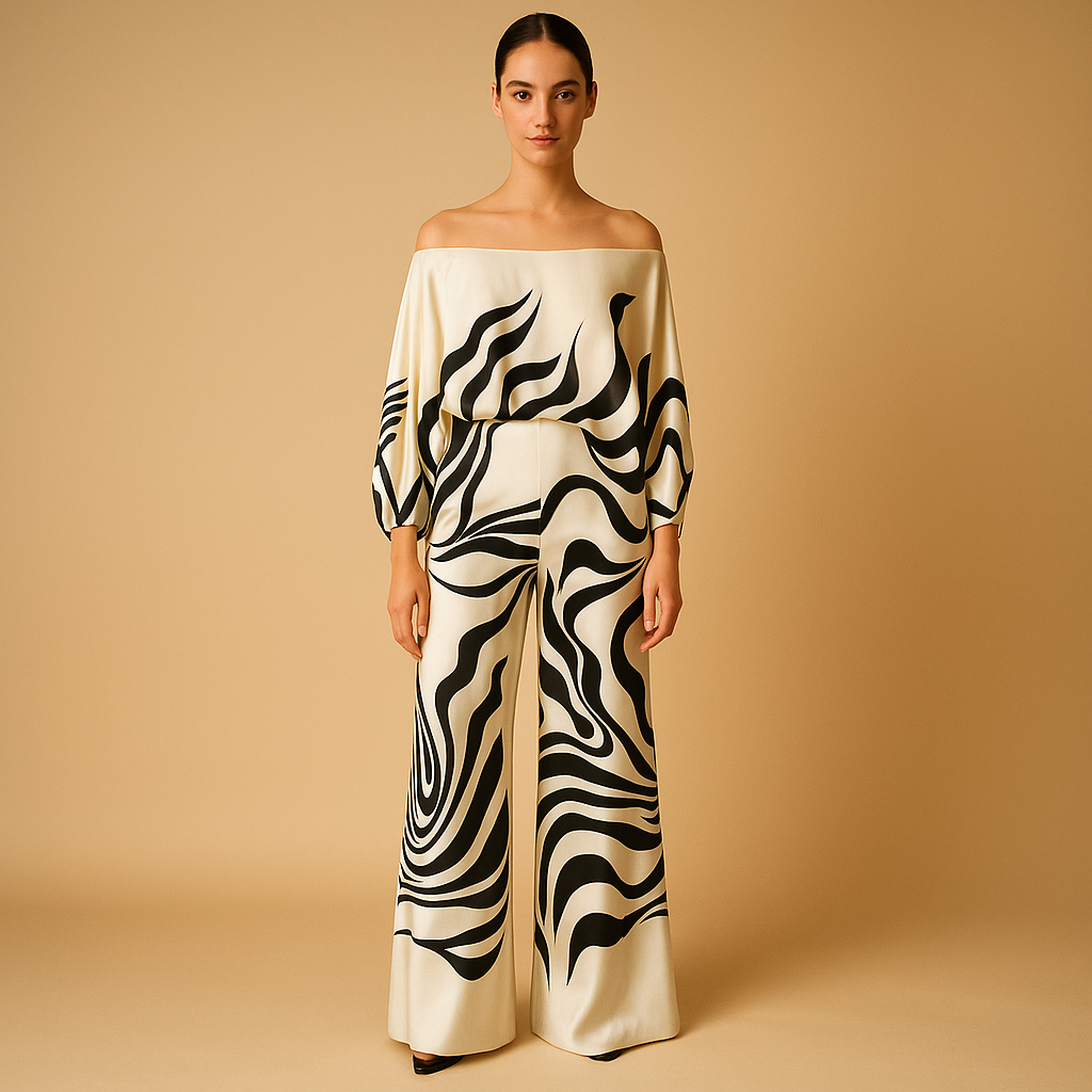 Elegant two-piece off-shoulder set for women with balloon-sleeve top and wide-leg pants, perfect for summer days, vacations, or office wear.