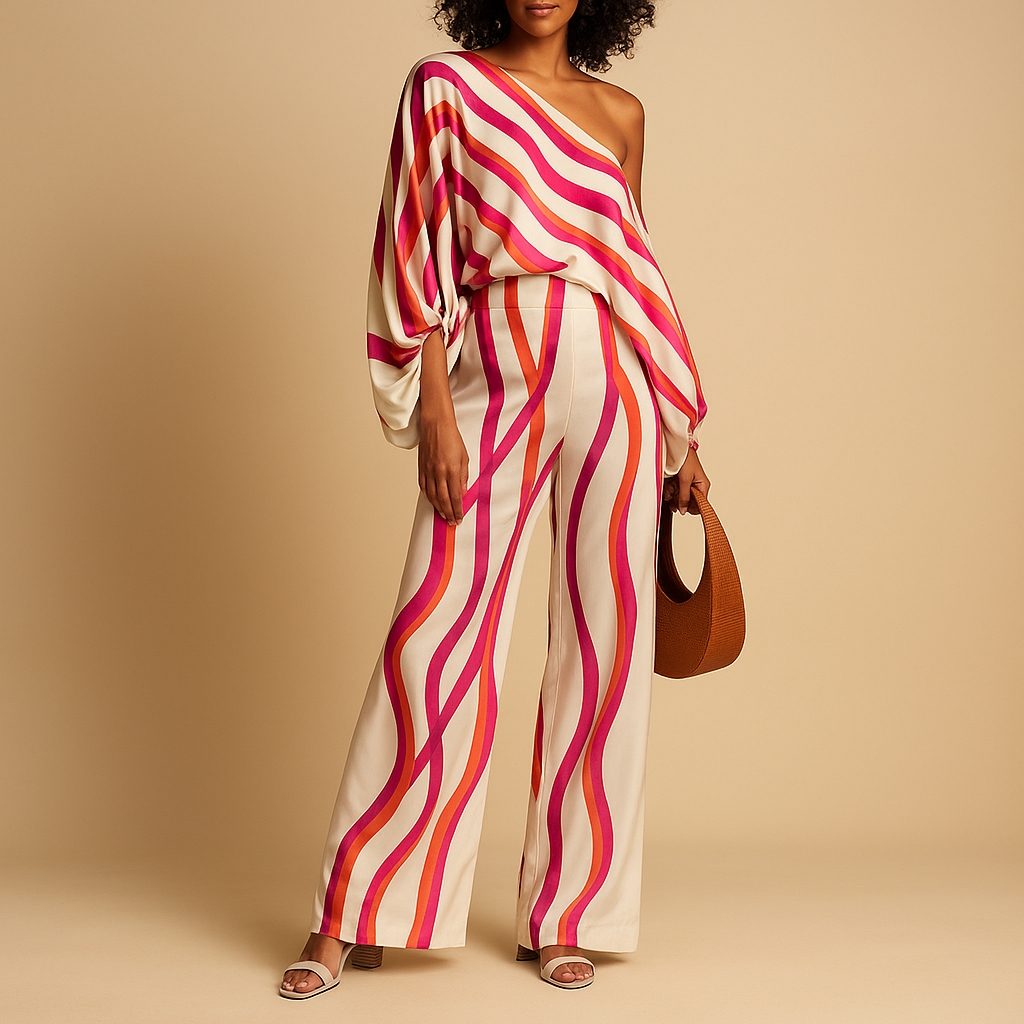 Elegant two-piece off-shoulder set for women with balloon-sleeve top and wide-leg pants, perfect for summer days, vacations, or office wear.