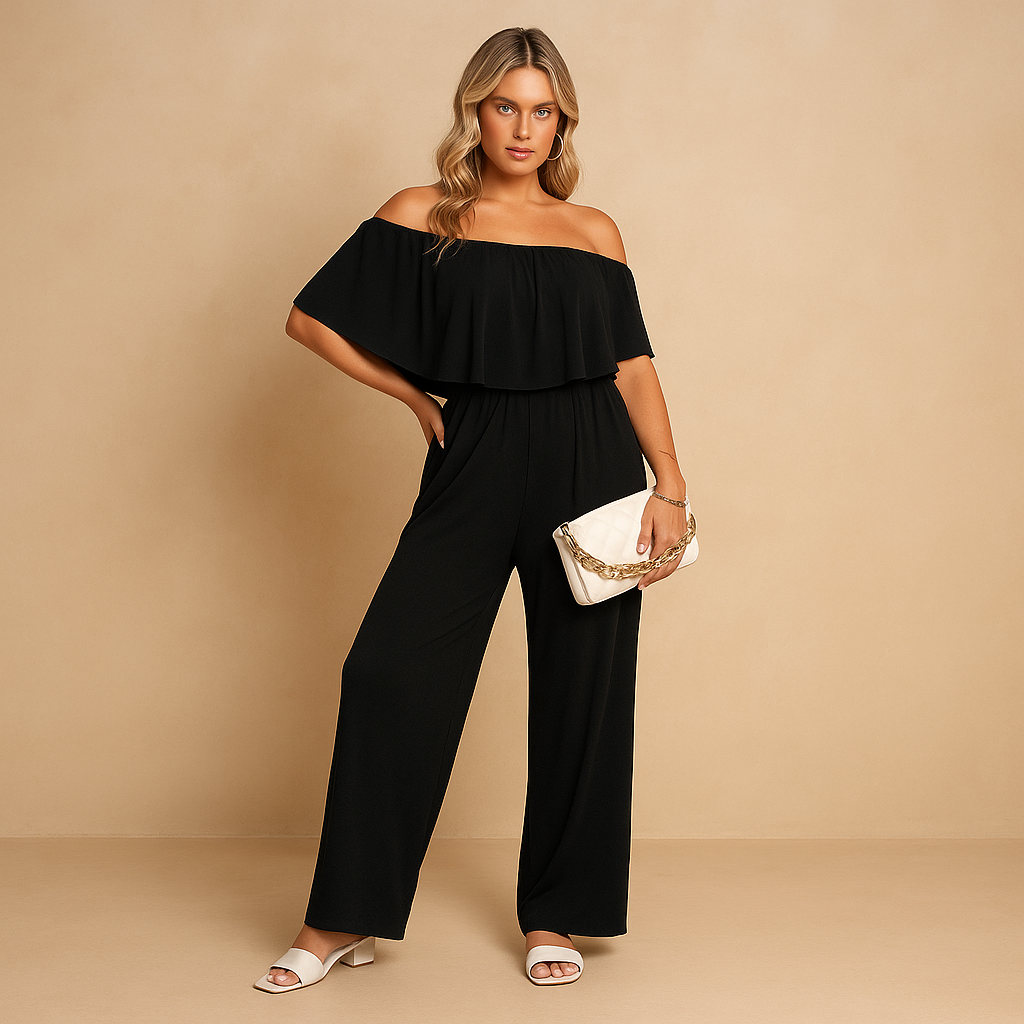 Women’s off-shoulder summer jumpsuit with loose fit and breathable fabric, perfect for garden parties, beach days, and casual summer outings.