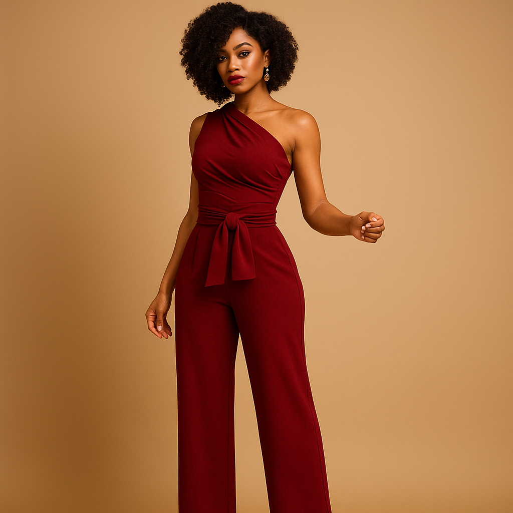 Elegant one-shoulder jumpsuit for women with wide-leg fit and asymmetric neckline, perfect for summer events, cocktail parties, or special dinners.