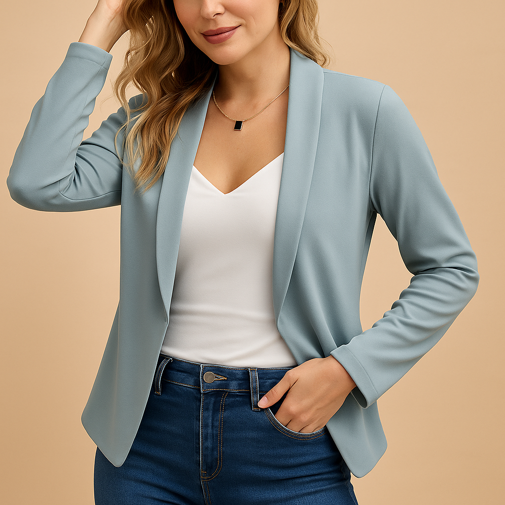 Women’s open front blazer with a flattering tailored fit, ideal for work, daily wear, or stylish evenings out.