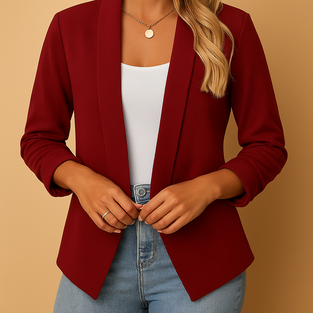 Open-front women’s blazer with flattering cut and classic lines, ideal for work, business occasions, and chic casual outfits.