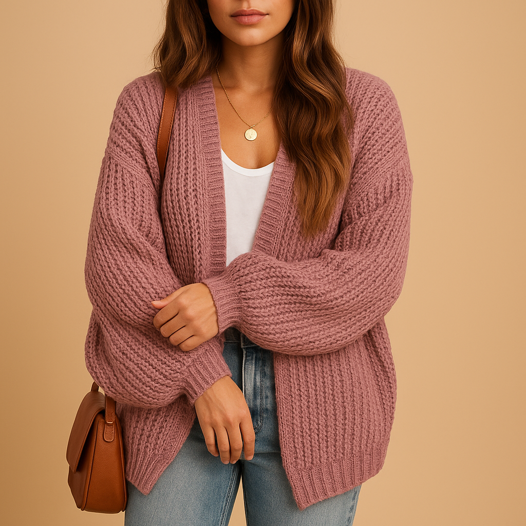 Women’s open front knitted cardigan with relaxed fit and breathable fabric, perfect for casual wear, office looks, or cozy layering.