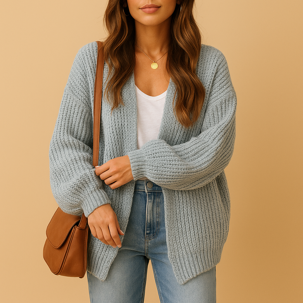Women’s open front knitted cardigan with relaxed fit and breathable fabric, perfect for casual wear, office looks, or cozy layering.