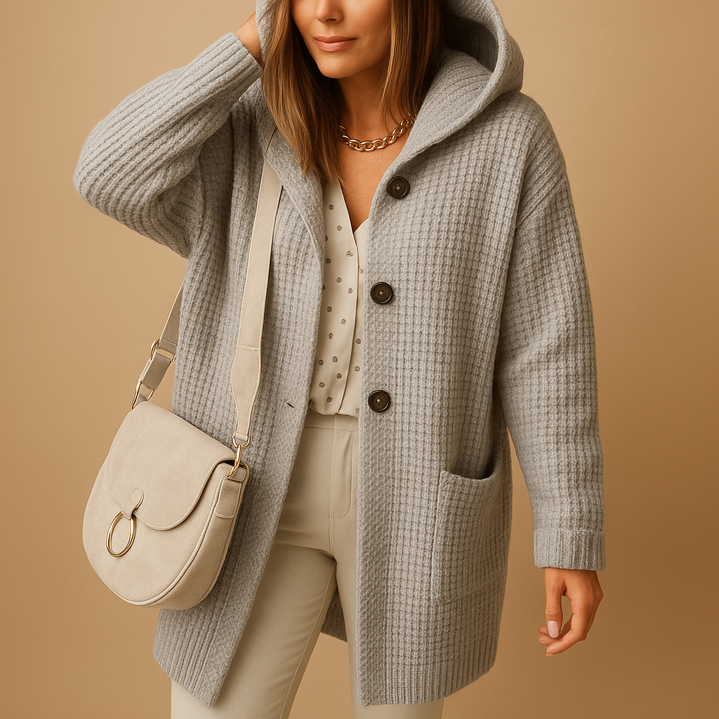 Women’s open knitted cardigan with relaxed fit and soft breathable fabric, perfect for layering in autumn and winter.