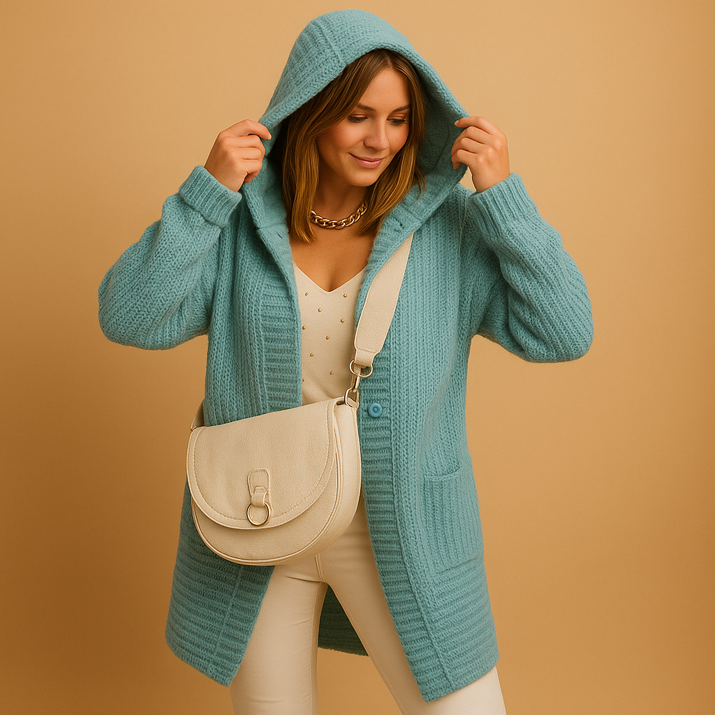 Women’s open knitted cardigan with relaxed fit and soft breathable fabric, perfect for layering in autumn and winter.