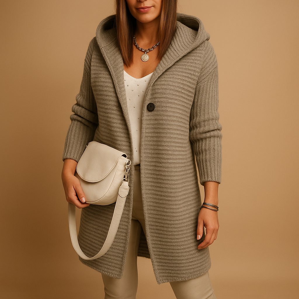 Women’s open knitted cardigan with relaxed fit and soft breathable fabric, perfect for layering in autumn and winter.