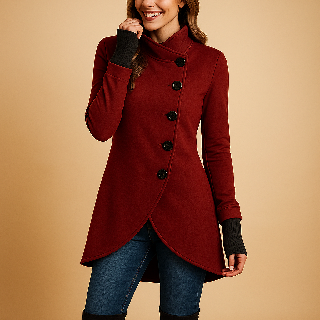 Women’s oversized asymmetrical button jacket with extended fit and decorative buttons, suitable for winter layering and everyday or elegant outfits.