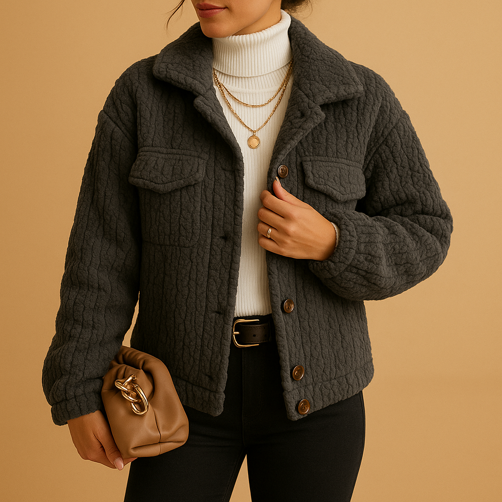 Women’s oversized boxy jacket with pearl buttons and seamless flap pockets, suitable for transitional seasons, layering, and everyday outfits.