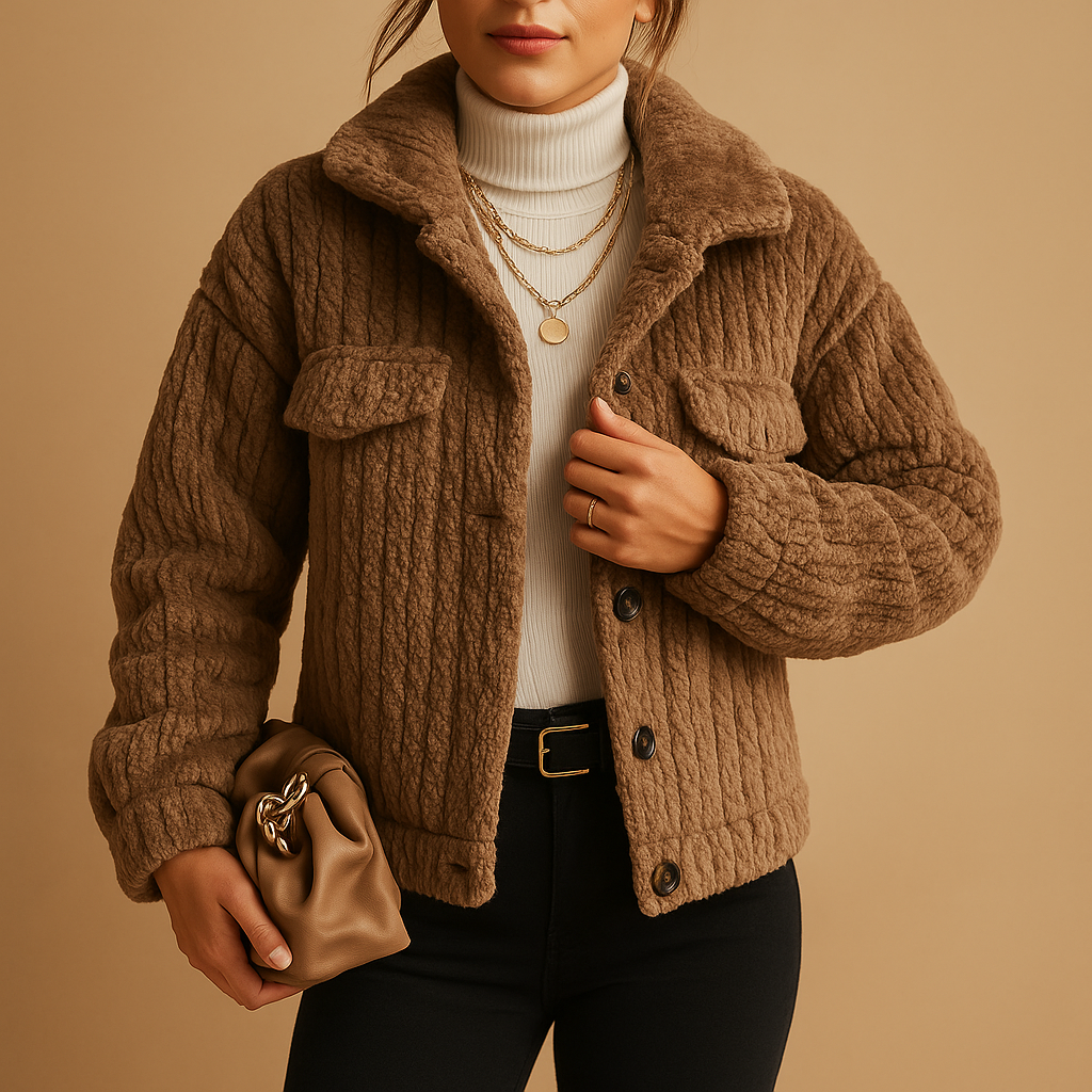 Women’s oversized boxy jacket with pearl buttons and seamless flap pockets, suitable for transitional seasons, layering, and everyday outfits.