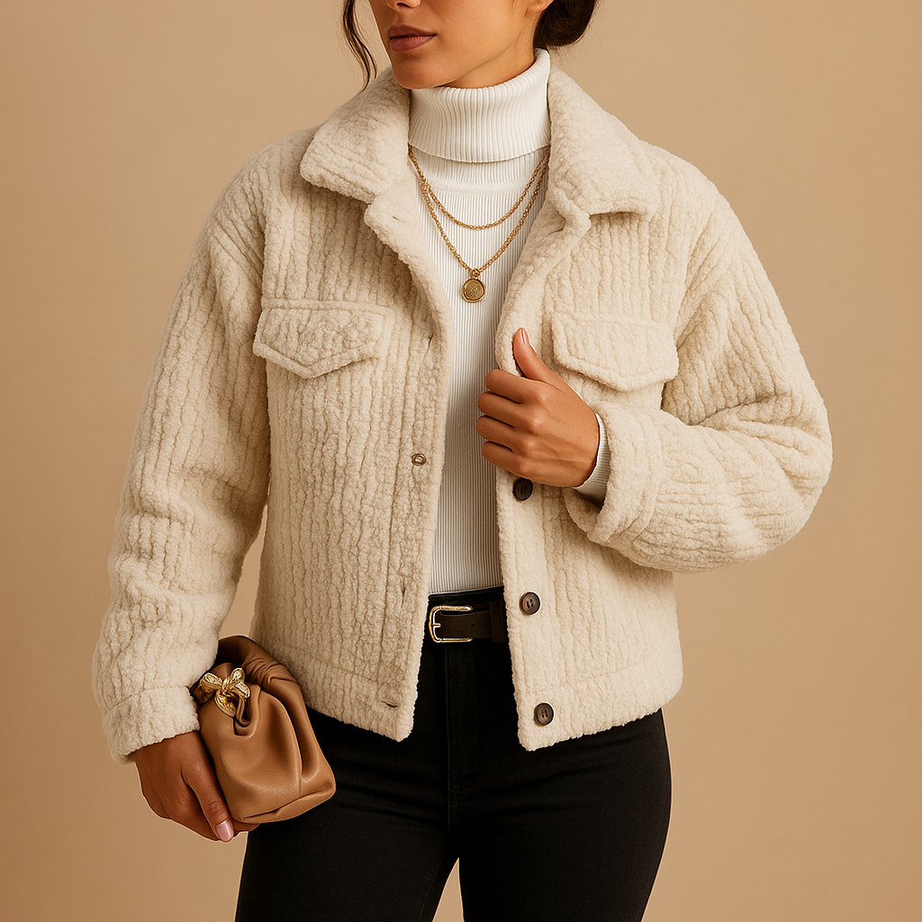 Women’s oversized boxy jacket with pearl buttons and seamless flap pockets, suitable for transitional seasons, layering, and everyday outfits.