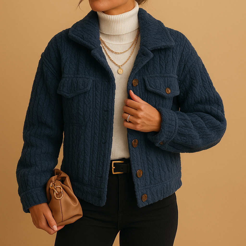 Women’s oversized boxy jacket with pearl buttons and seamless flap pockets, suitable for transitional seasons, layering, and everyday outfits.
