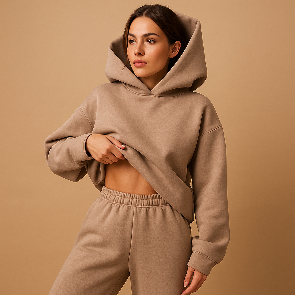 Women’s oversized loungewear set with hoodie and joggers in soft fabric, perfect for relaxing at home or casual outings.