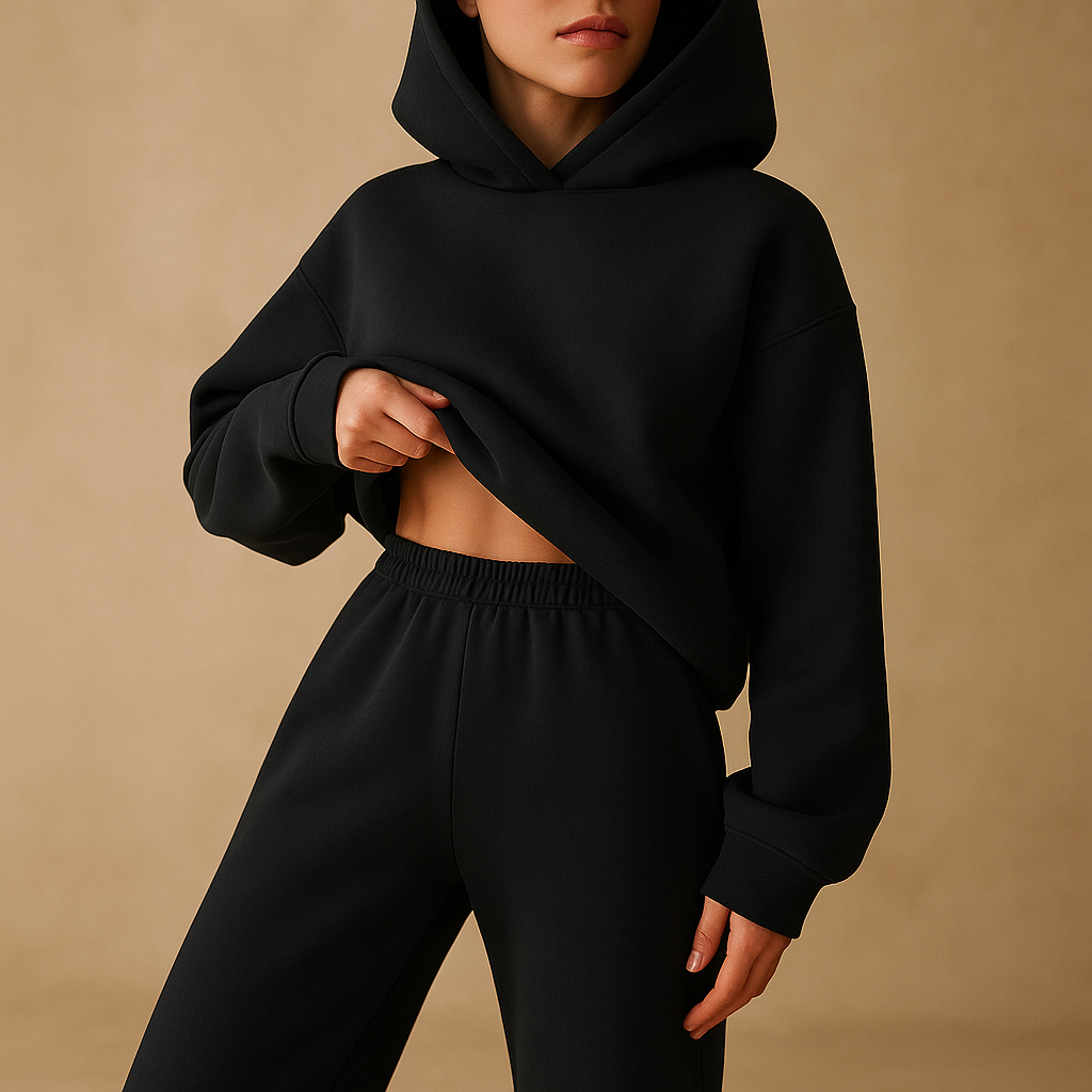 Women’s oversized loungewear set with hoodie and joggers in soft fabric, perfect for relaxing at home or casual outings.
