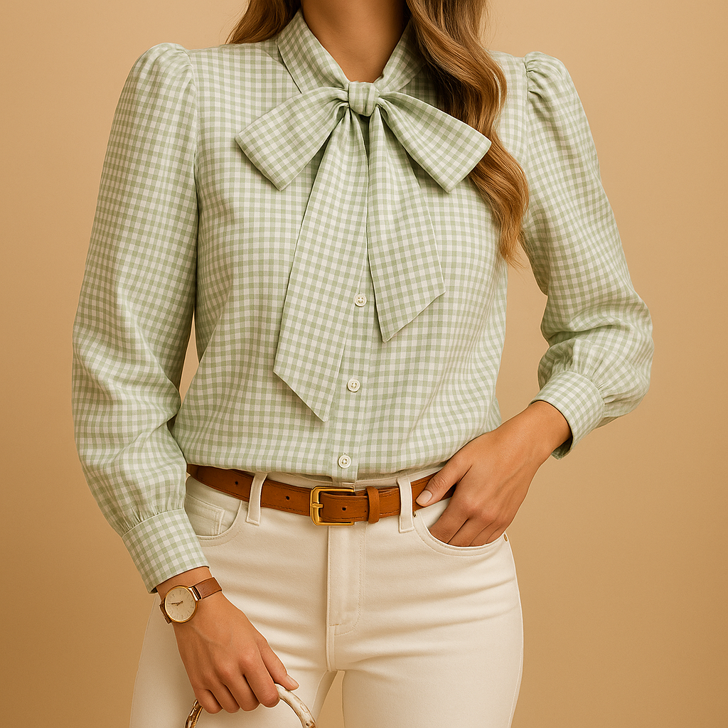 Plaid blouse for women with a bow detail and refined fit, suitable for work, brunch, and casual everyday outfits.