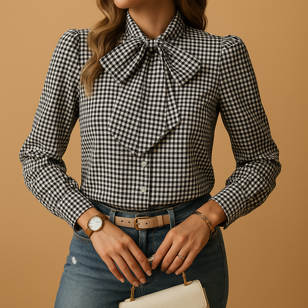 Plaid blouse for women with a bow detail and refined fit, suitable for work, brunch, and casual everyday outfits.