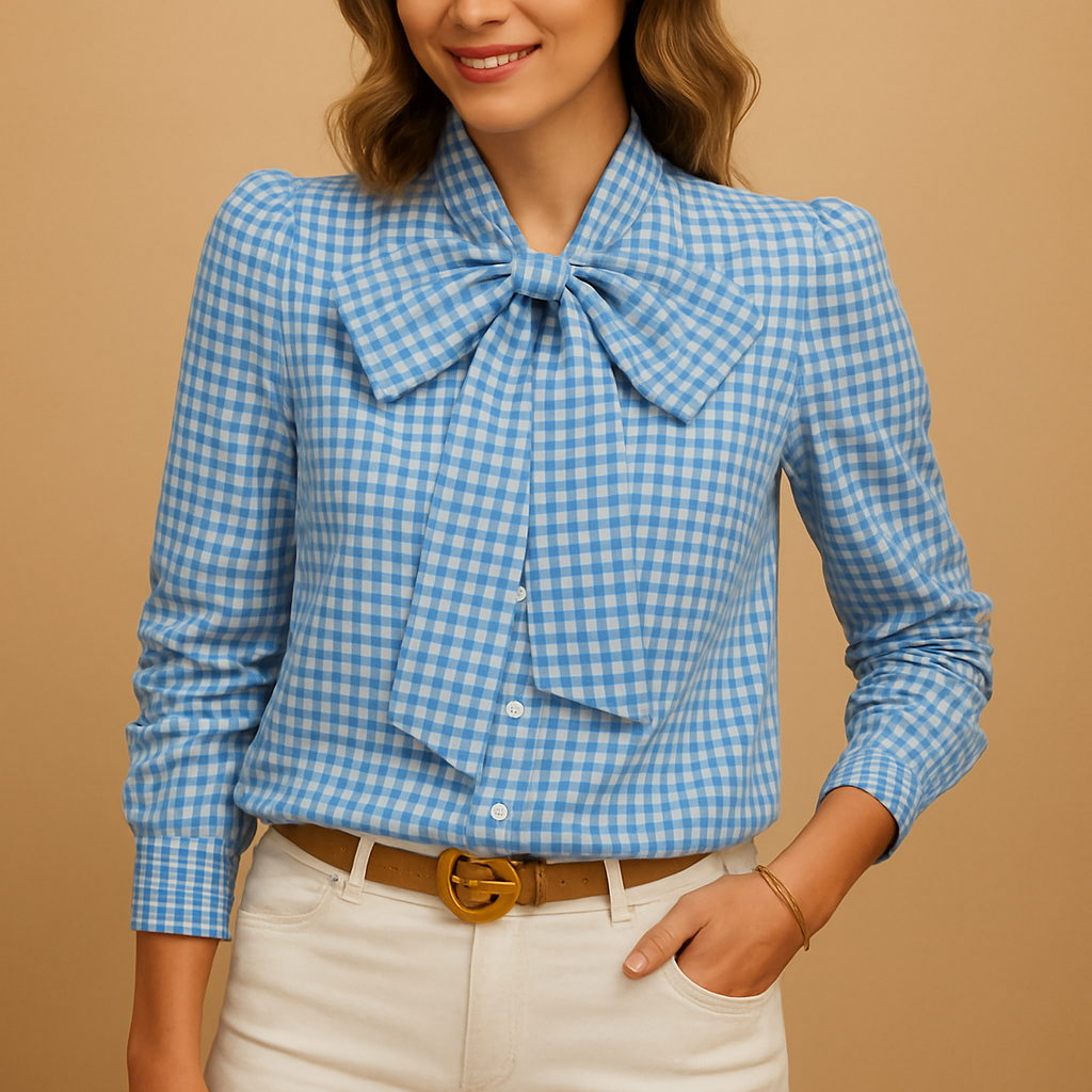 Plaid blouse for women with a bow detail and refined fit, suitable for work, brunch, and casual everyday outfits.