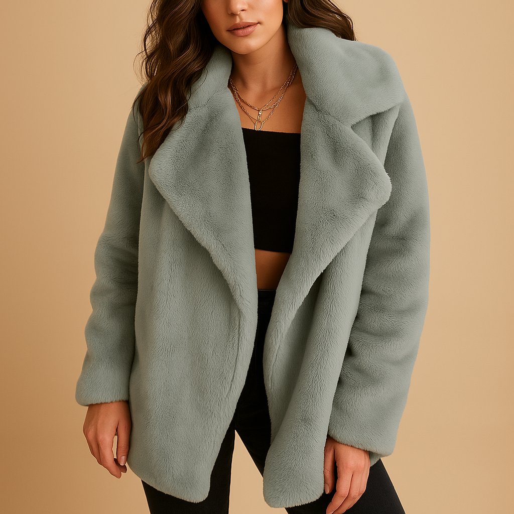 Women’s plush winter coat with lapel collar and side pockets, featuring a medium-length fit for daily wear, work, and elegant winter outings.