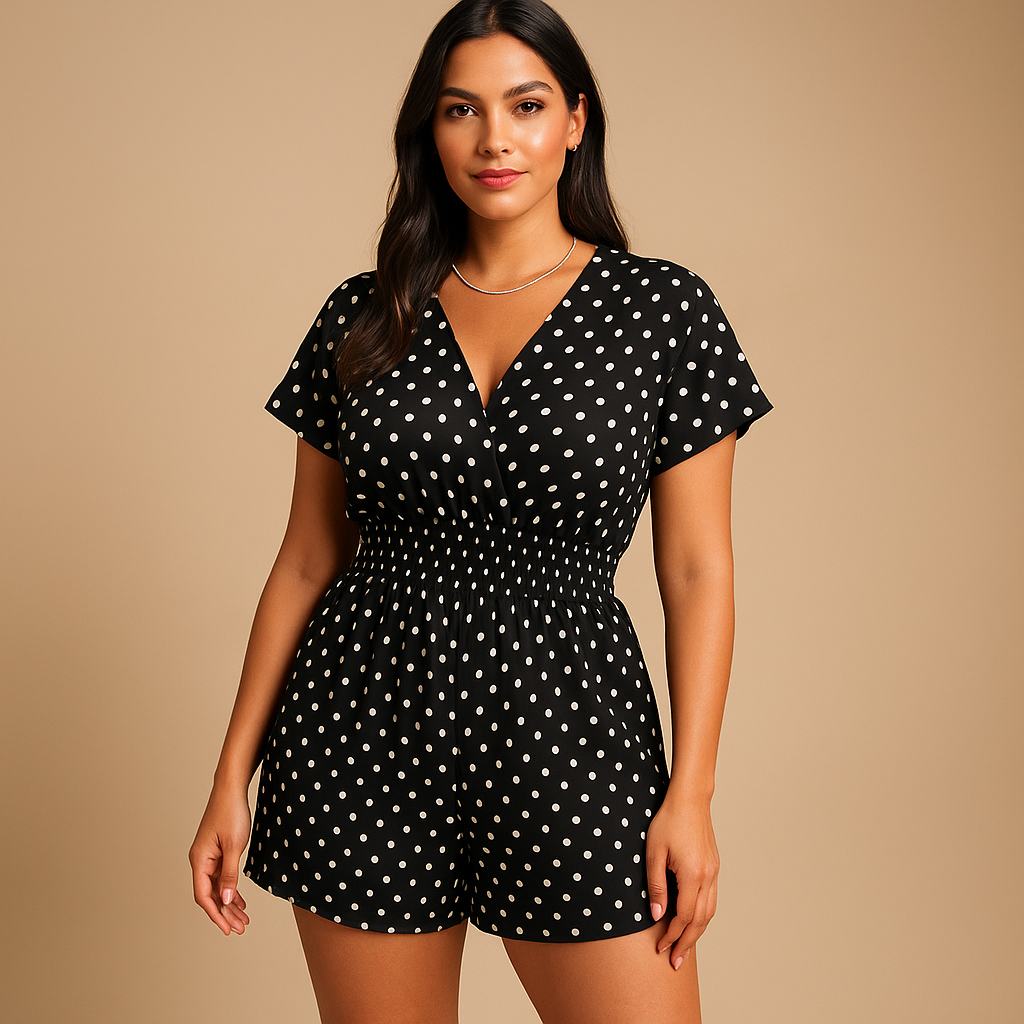 Women’s polkadot jumpsuit with practical pockets and flattering fit, ideal for casual summer days and elegant evening outings.