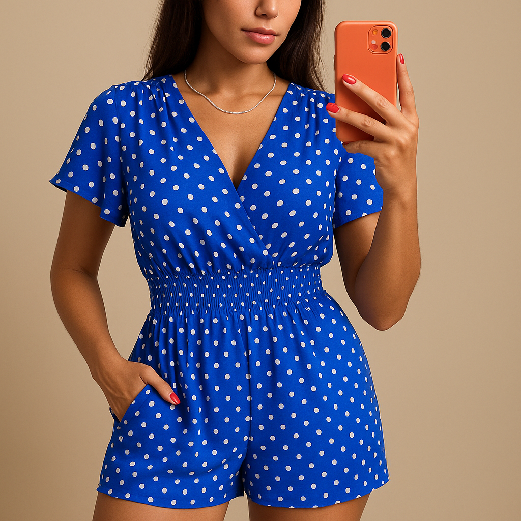 Women’s polkadot jumpsuit with practical pockets and flattering fit, ideal for casual summer days and elegant evening outings.